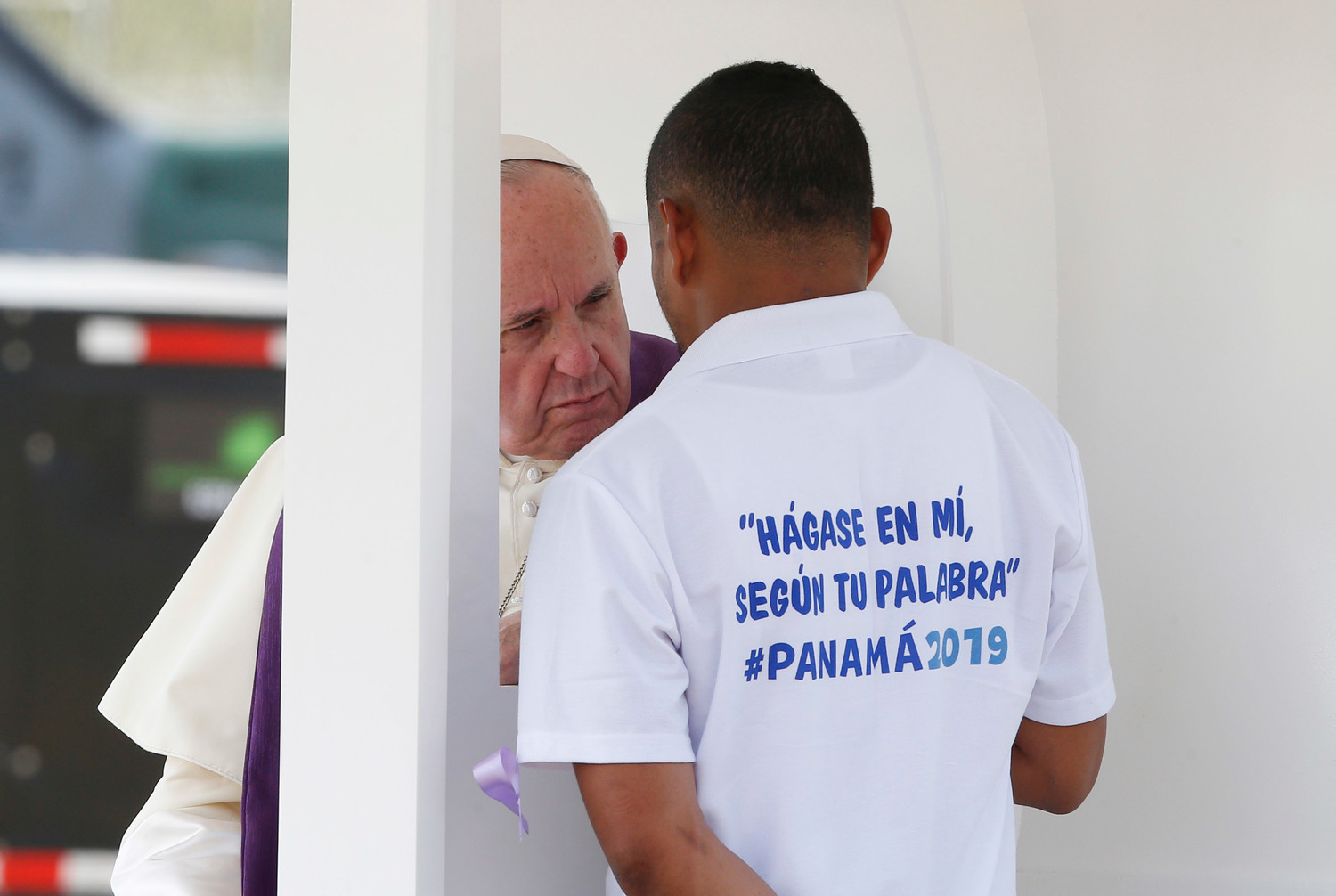 Pope Francis hears confession during a penitential liturgy with juvenile detainees in Las Garzas de Pacora Juvenile Detention Center in Pacora, Panama, Jan. 25, 2019.